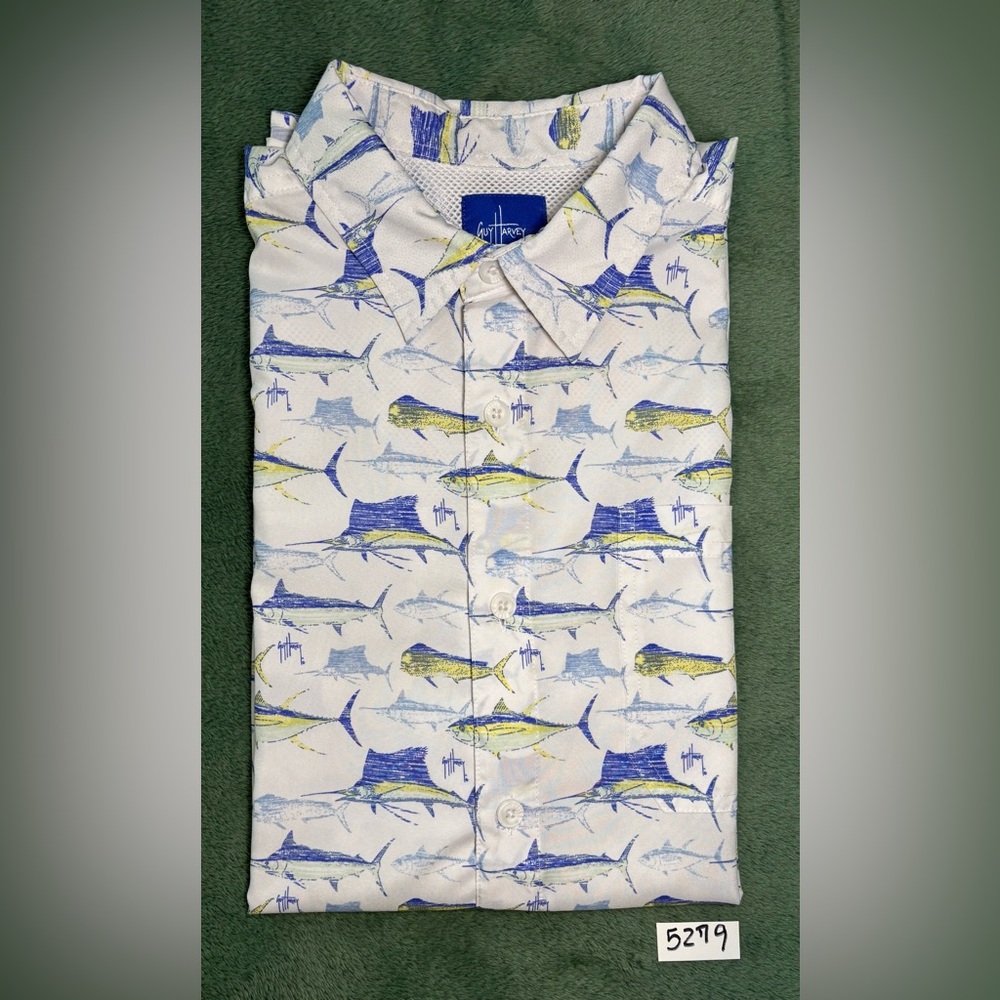Guy Harvey White and Blue Casual Fish Print Shirt, Size: M. (5279) - Picture 8 of 8